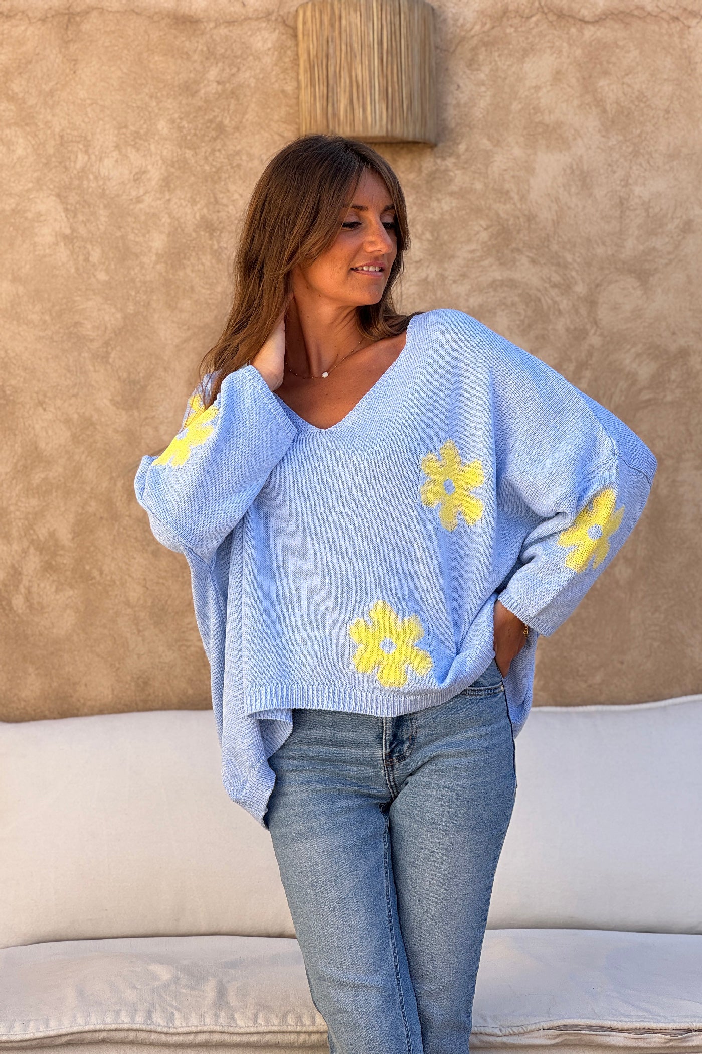 Light Blue Floral Applique V-Neck Sweater