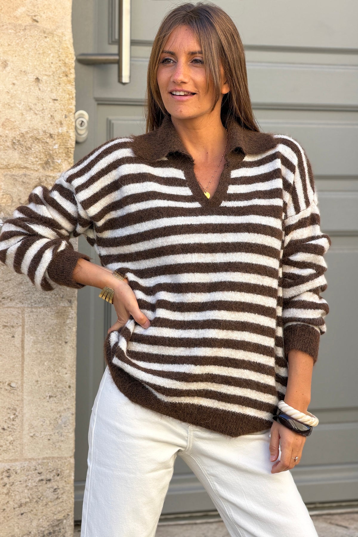 Pull en maille rayures marron chocolat col polo