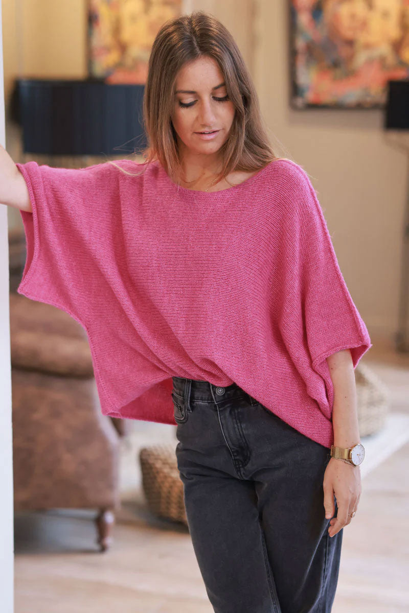 Pull fuchsia en maille manches larges chauves souris col rond