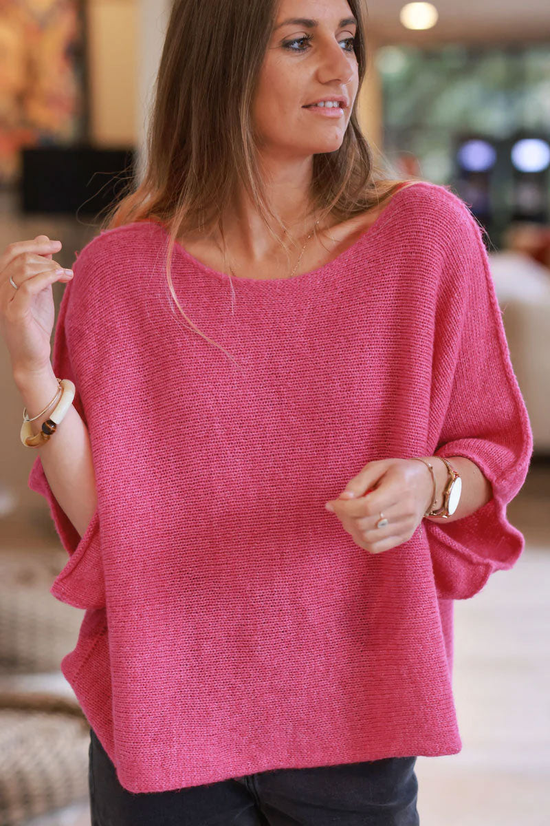 Pull fuchsia en maille manches larges chauves souris col rond