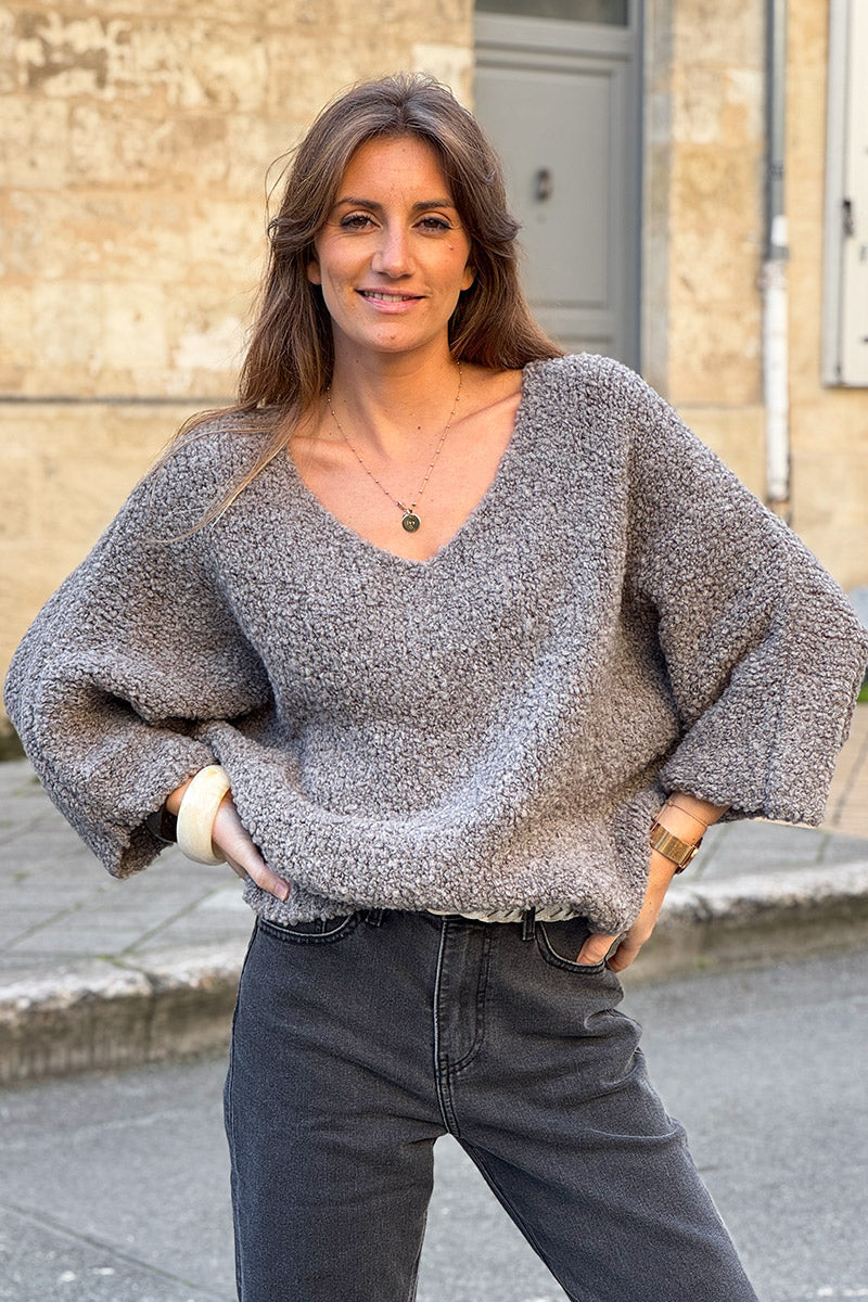 Gray Fuzzy Knit Alpaca Sweater