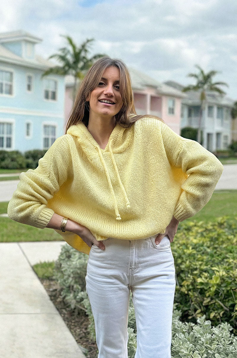 Butter Yellow Mohair Knit Zip-Front Hoodie
