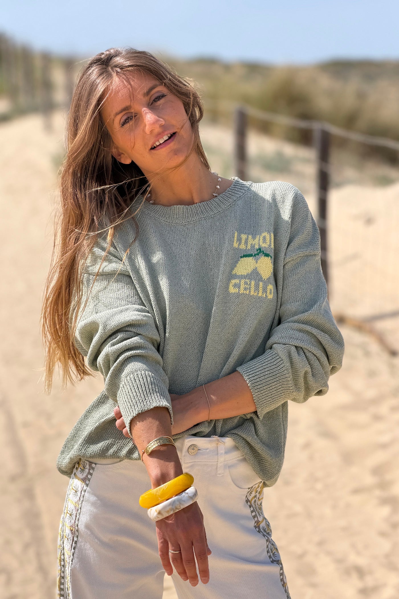 Pull kaki en maille d'été coton mélangé Limoncello citrons