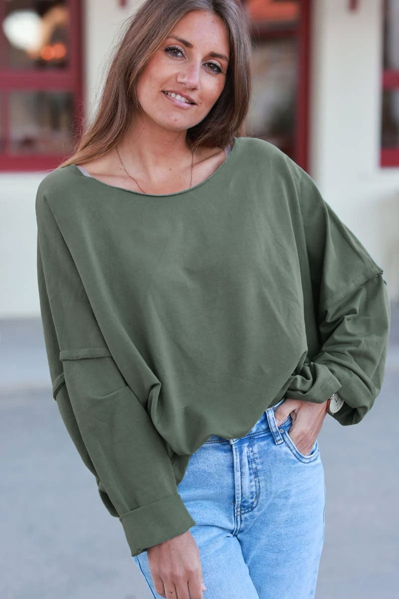 Olive Stretch Knit Long-Sleeve Slouchy Tee