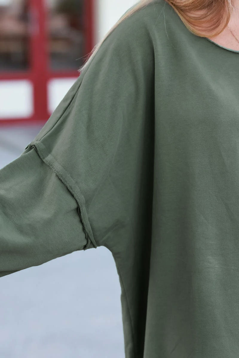 Olive Stretch Knit Long-Sleeve Slouchy Tee