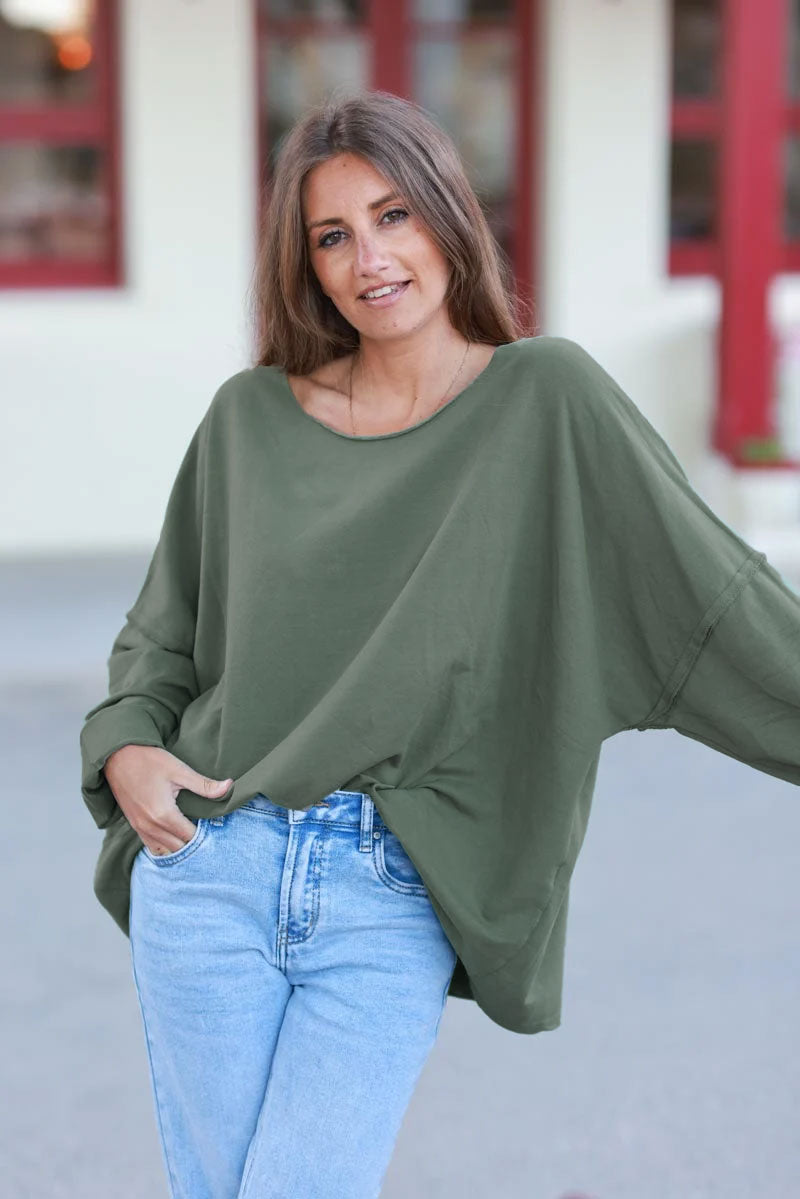 Olive Stretch Knit Long-Sleeve Slouchy Tee