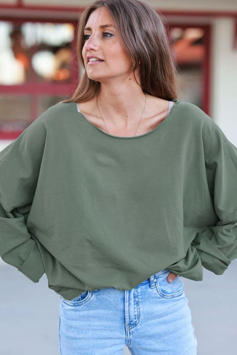 Olive Stretch Knit Long-Sleeve Slouchy Tee