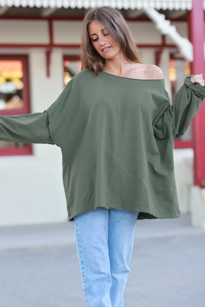 Olive Stretch Knit Long-Sleeve Slouchy Tee