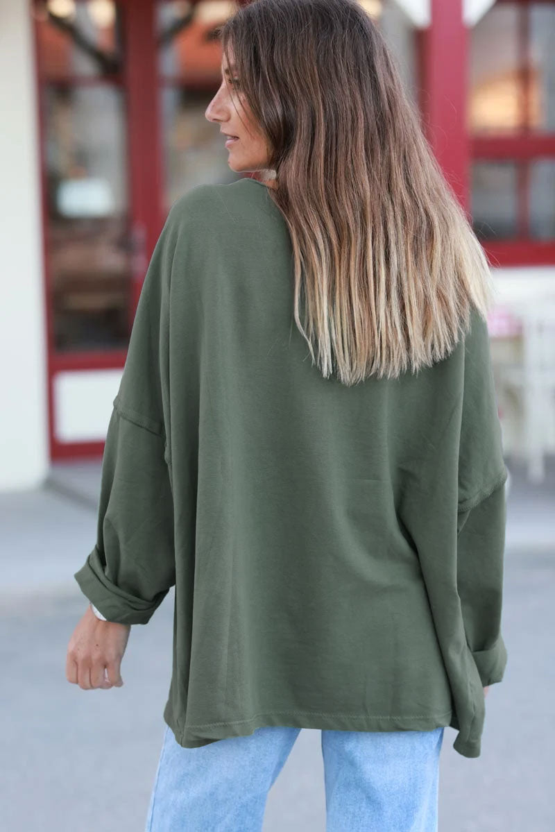 Olive Stretch Knit Long-Sleeve Slouchy Tee