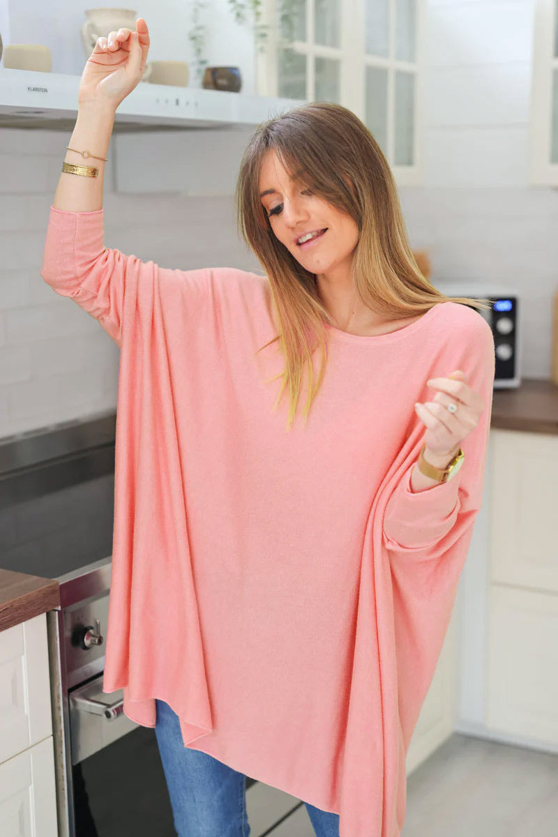 Pull large rose manches chauve souris
