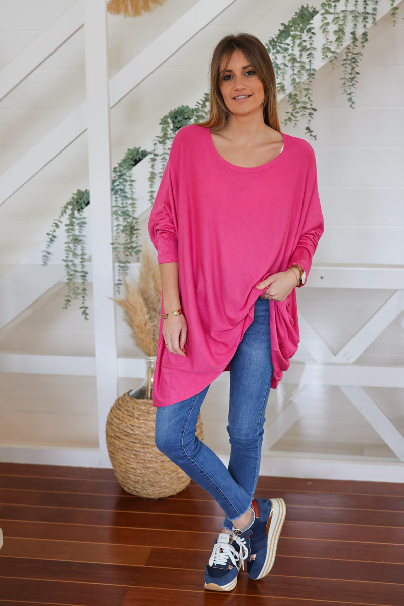 Pull large fuchsia manches chauve souris