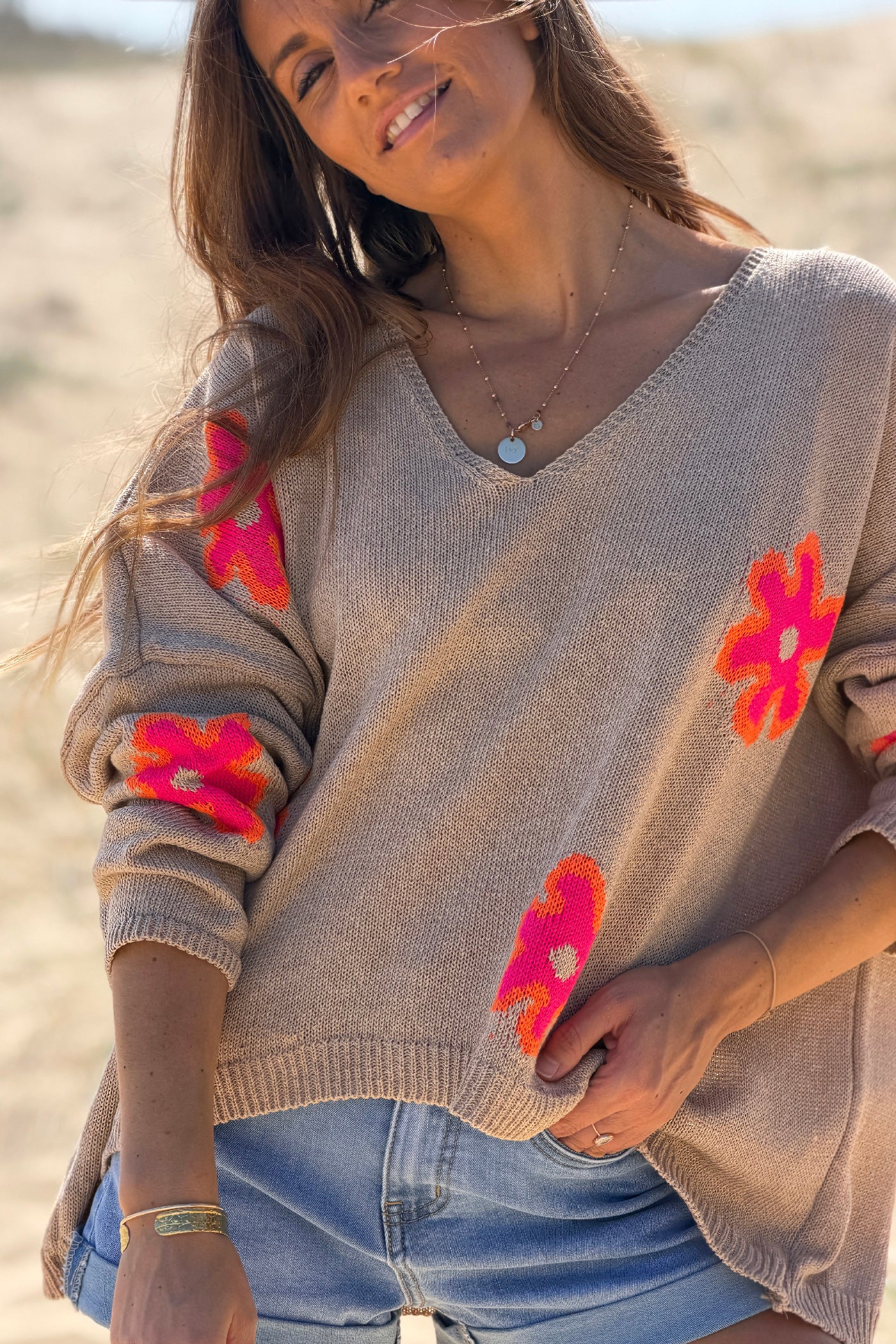 Camel Neon Daisy V-Neck Sweater