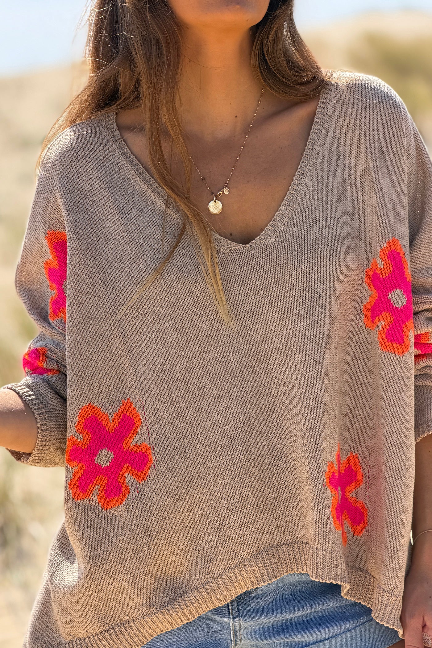 Camel Neon Daisy V-Neck Sweater