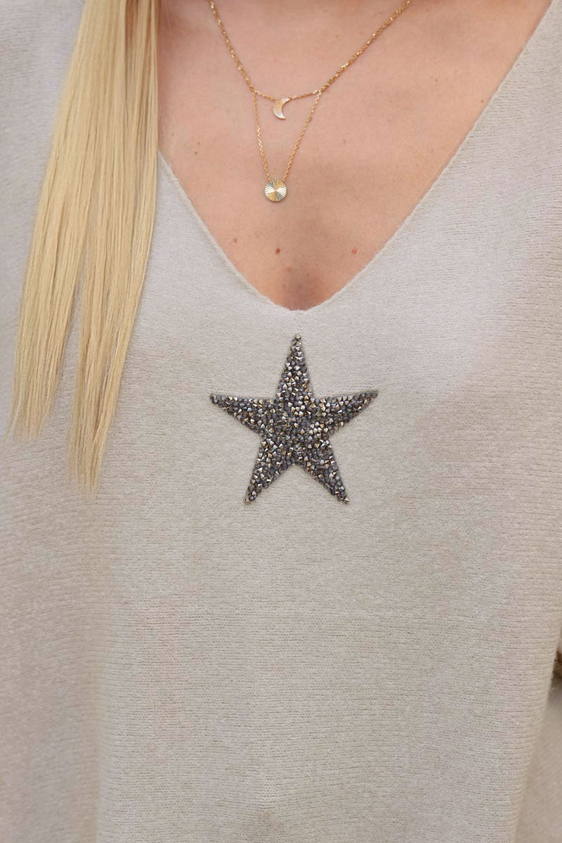Beige oversized super soft jumper with silver rhinestone star