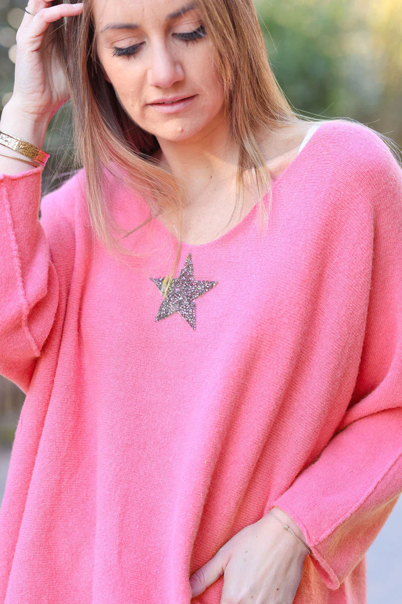 Pink Oversized Super Soft Sweater with Silver Rhinestone Star