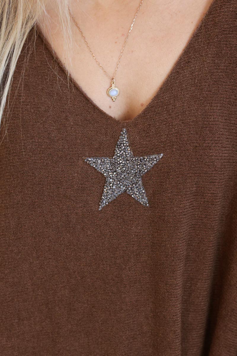 Brown chocolate Oversized super soft Sweater with Silver Rhinestone Star