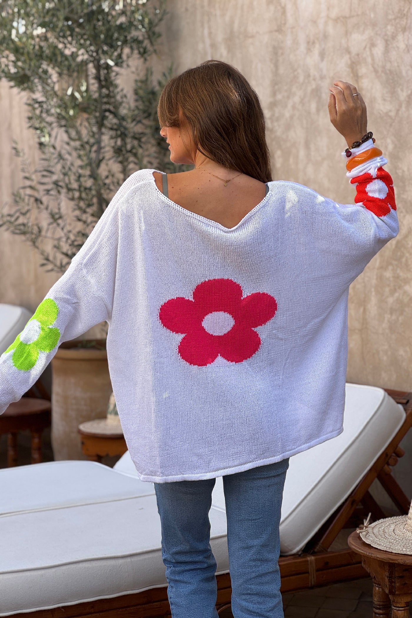 Pull maille blanc coton col bateau fleurs colorées