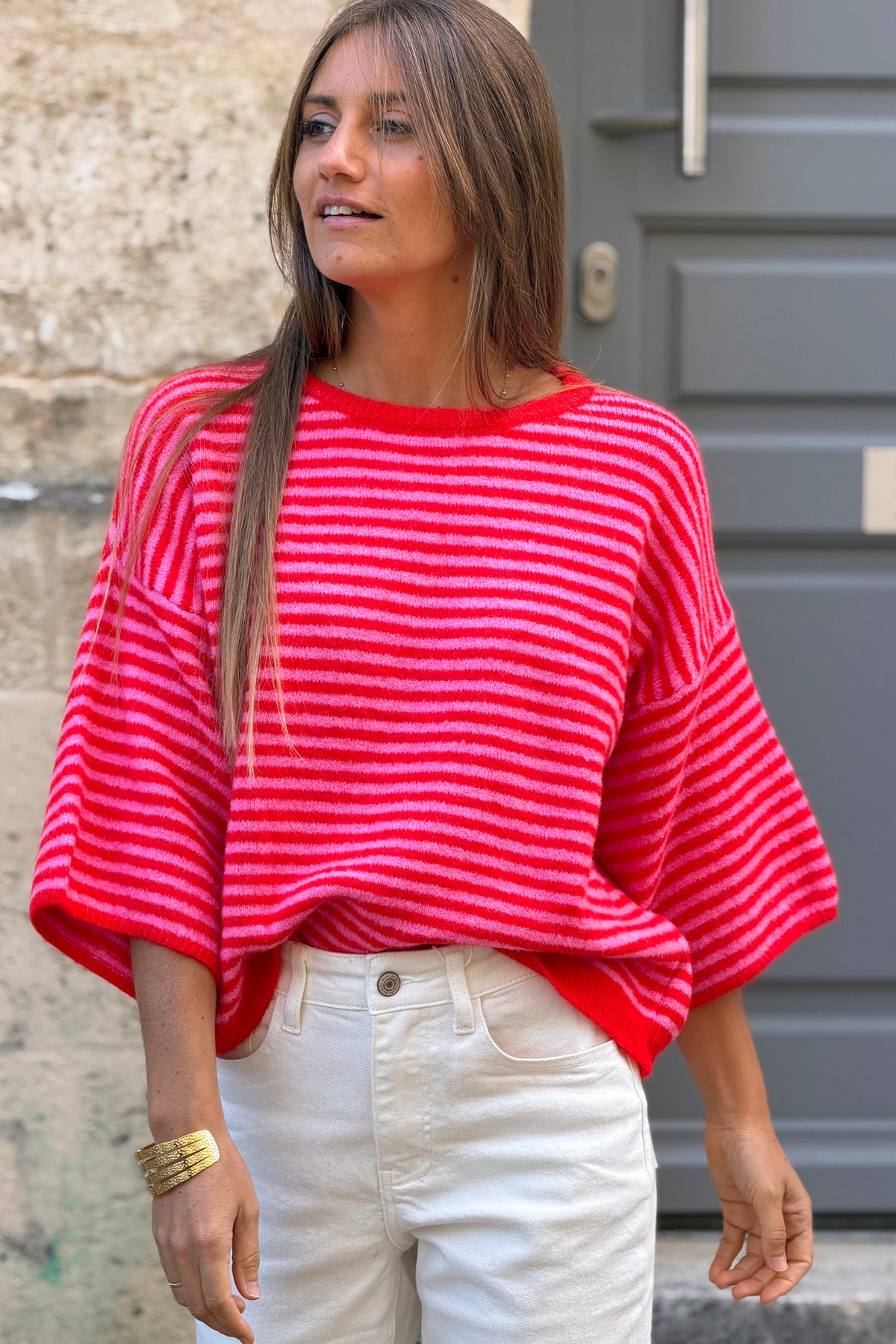 Pull manches 3/4 rayures rouge et rose col rond