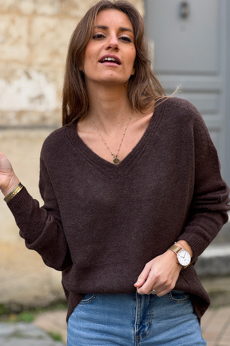 Brown Seamed V-Neck Sweater