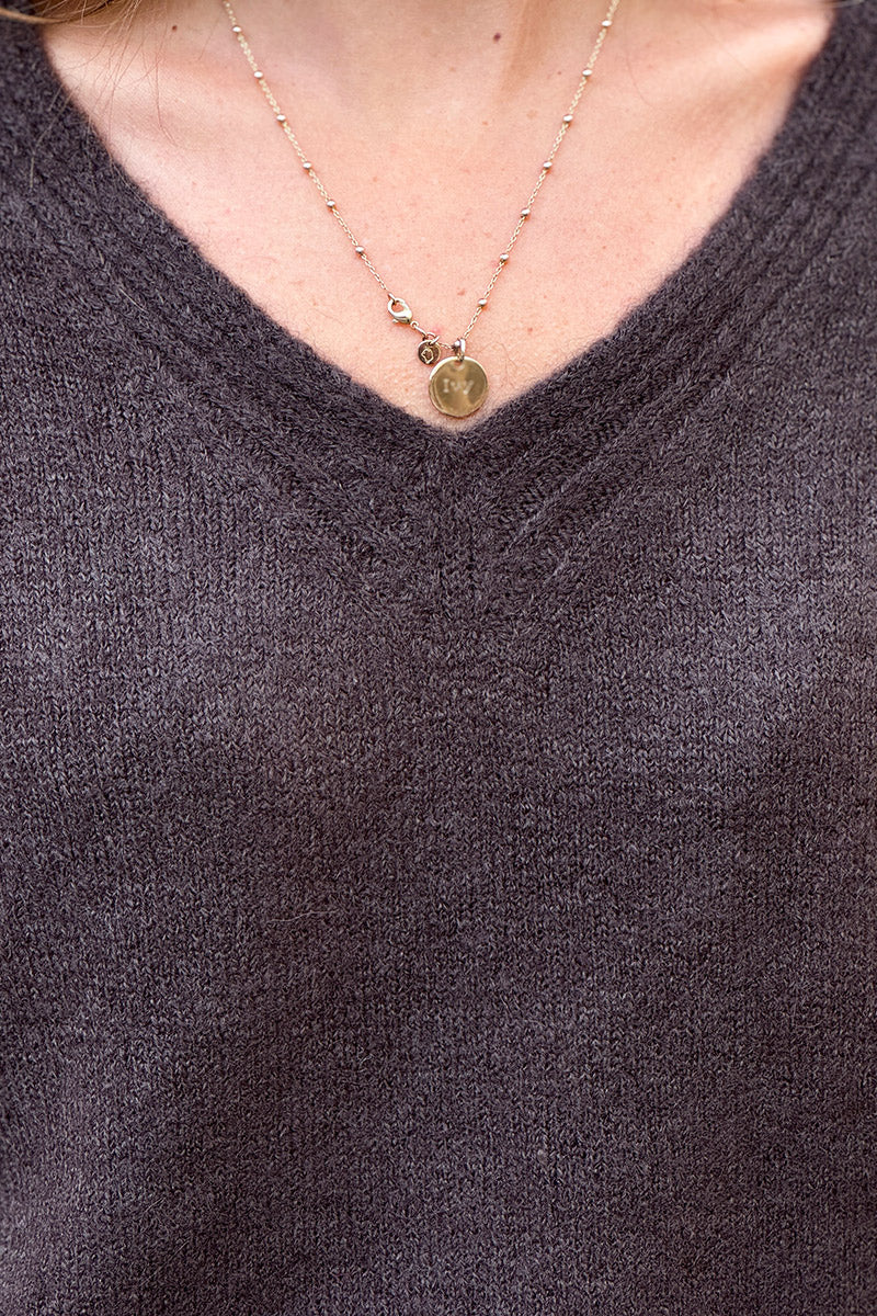 Brown Seamed V-Neck Sweater