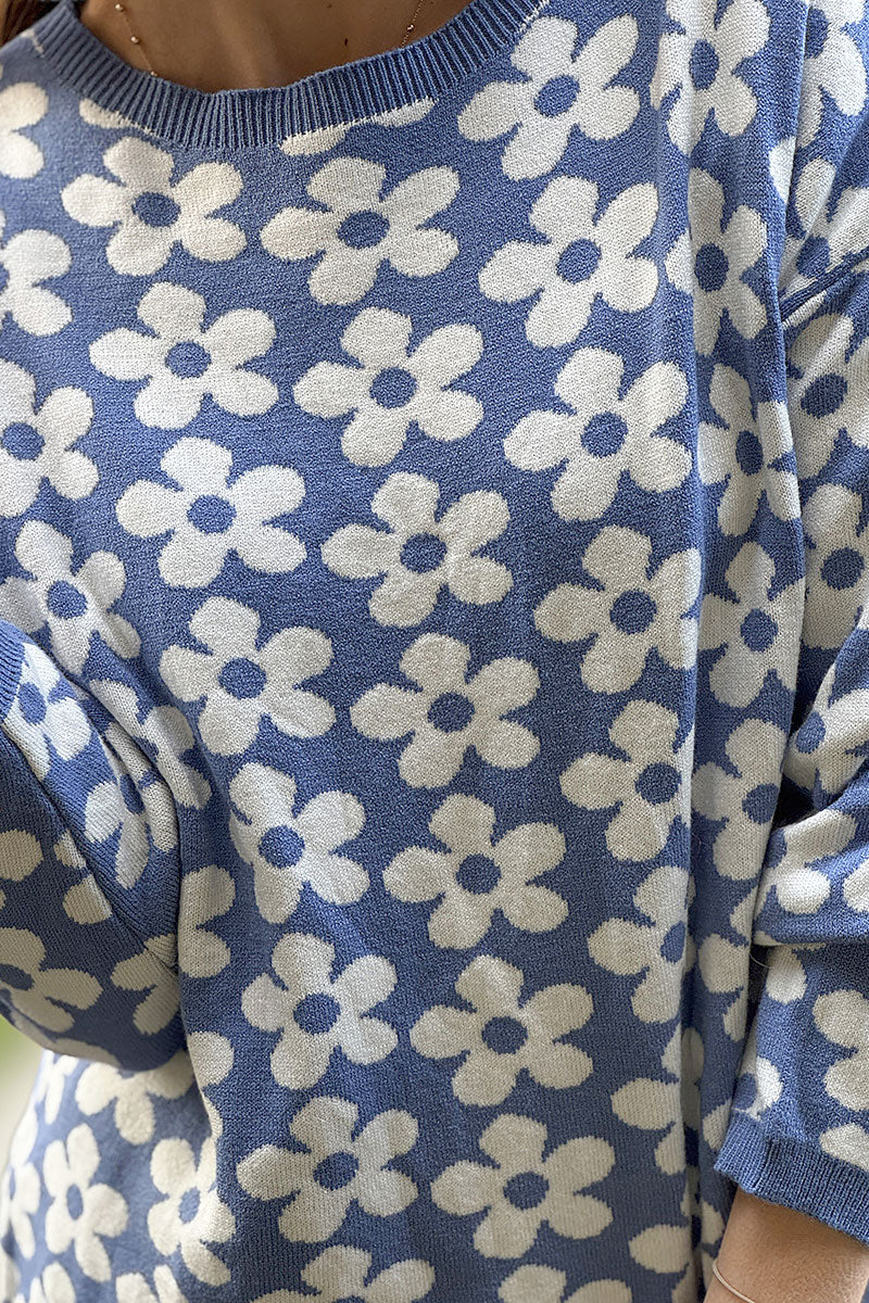 Blue Daisy Print Viscose Sweater