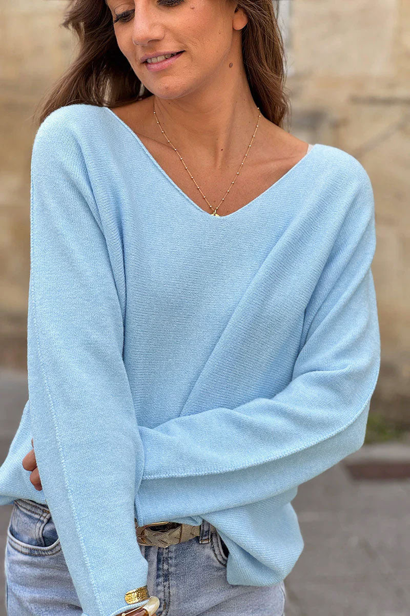 Pull moelleux tout doux bleu ciel col v