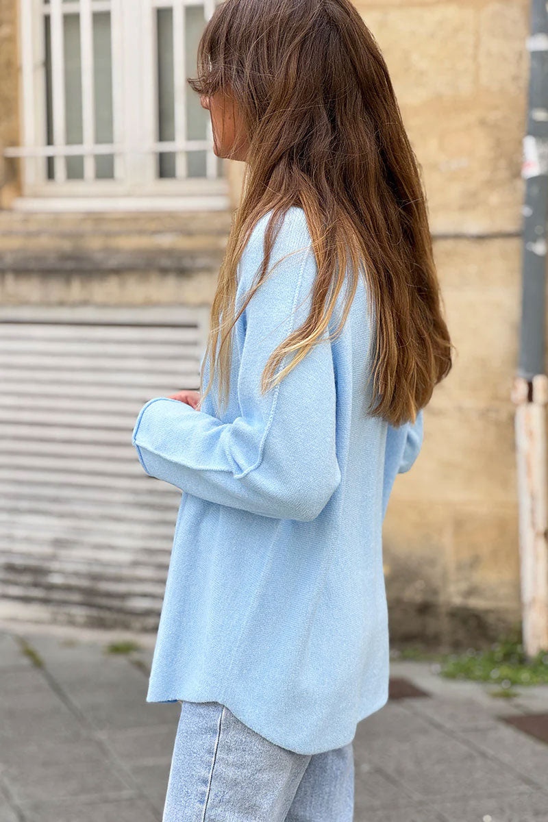 Pull moelleux tout doux bleu ciel col v