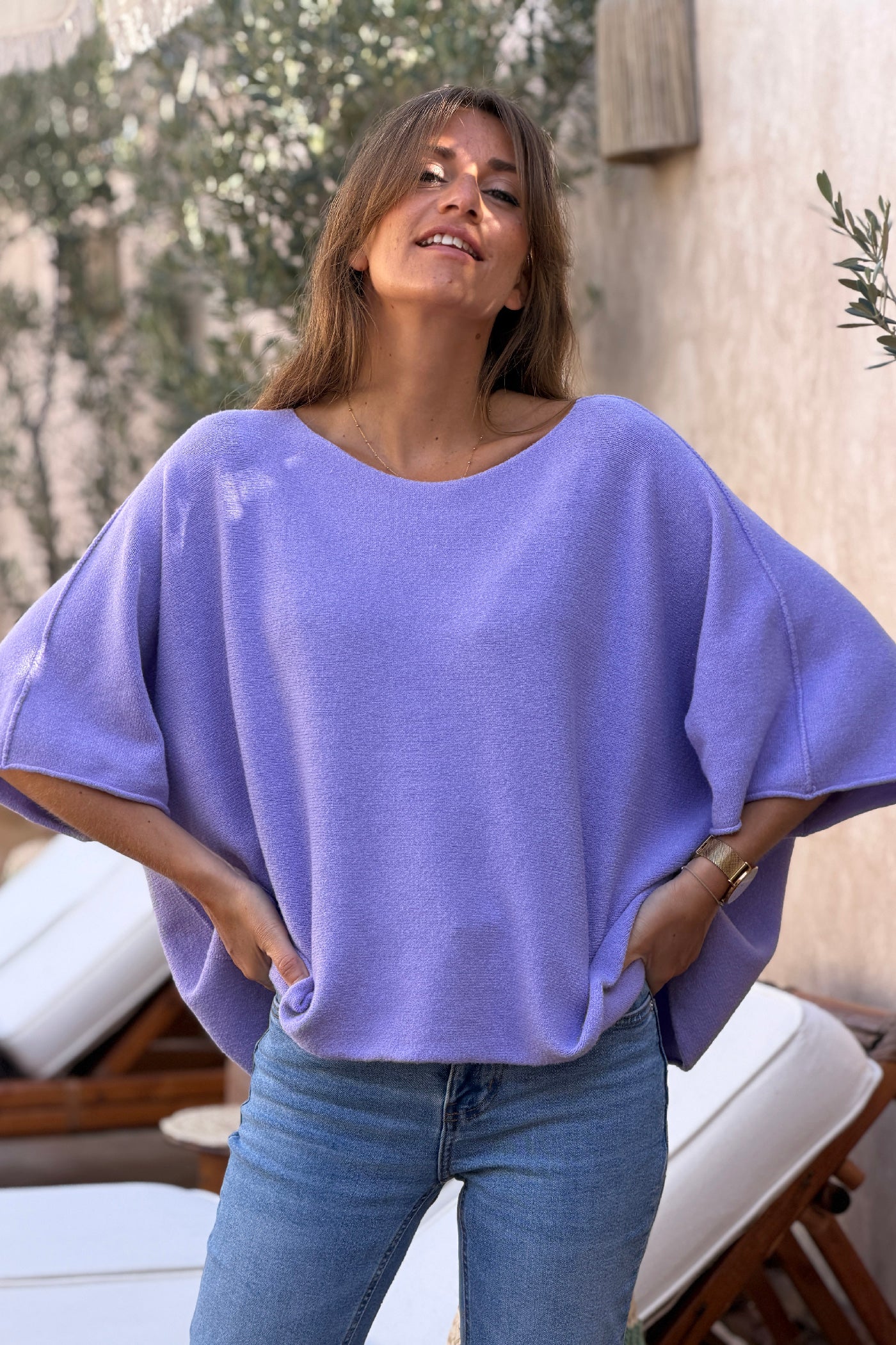 Pull moelleux et doux lilas manches chauve souris col rond