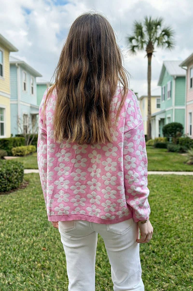 Pink Daisy Print Viscose Sweater