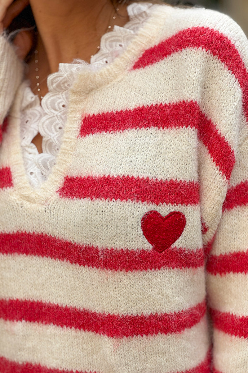 Red Stripe Vintage Heart Sweater