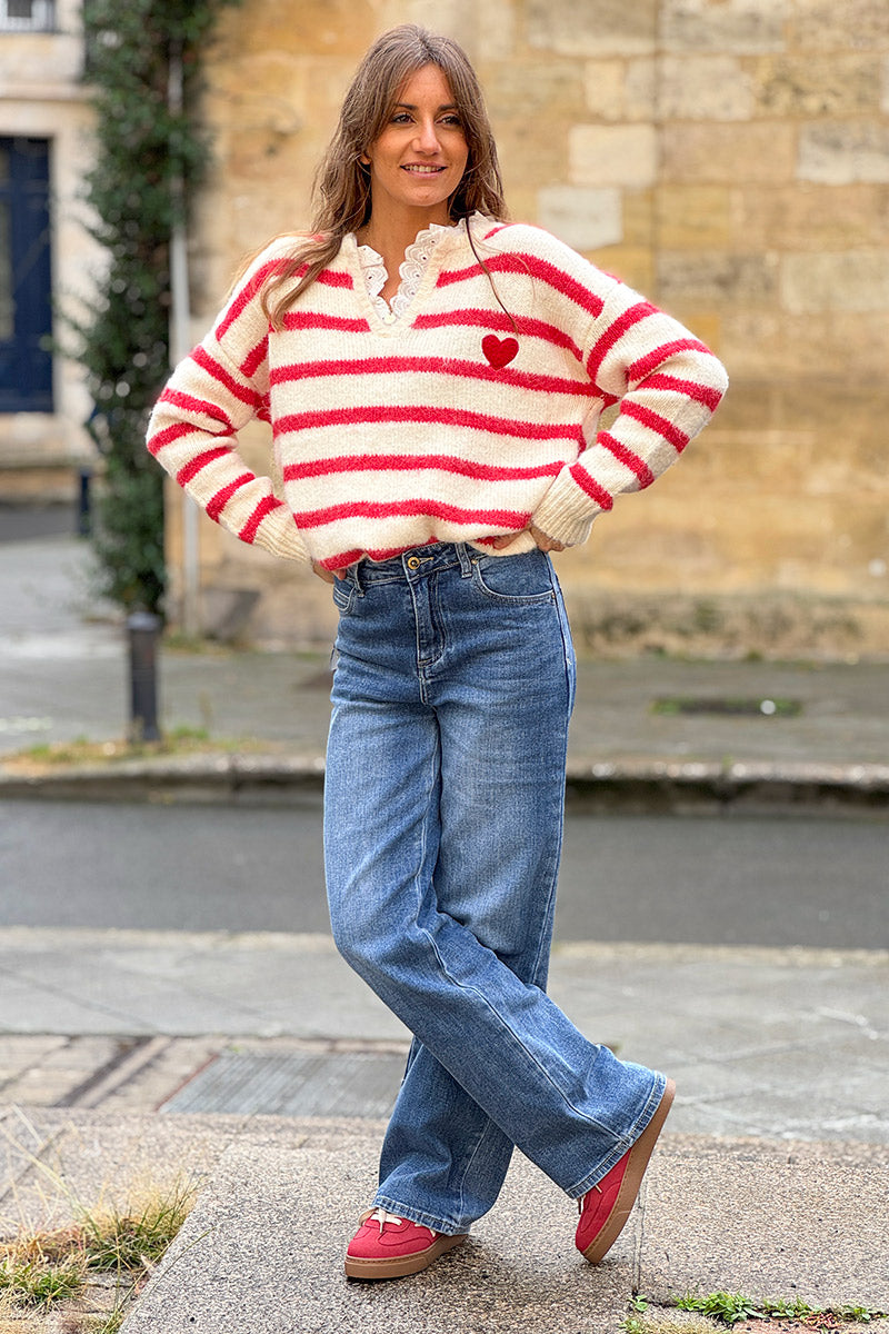 Red Stripe Vintage Heart Sweater