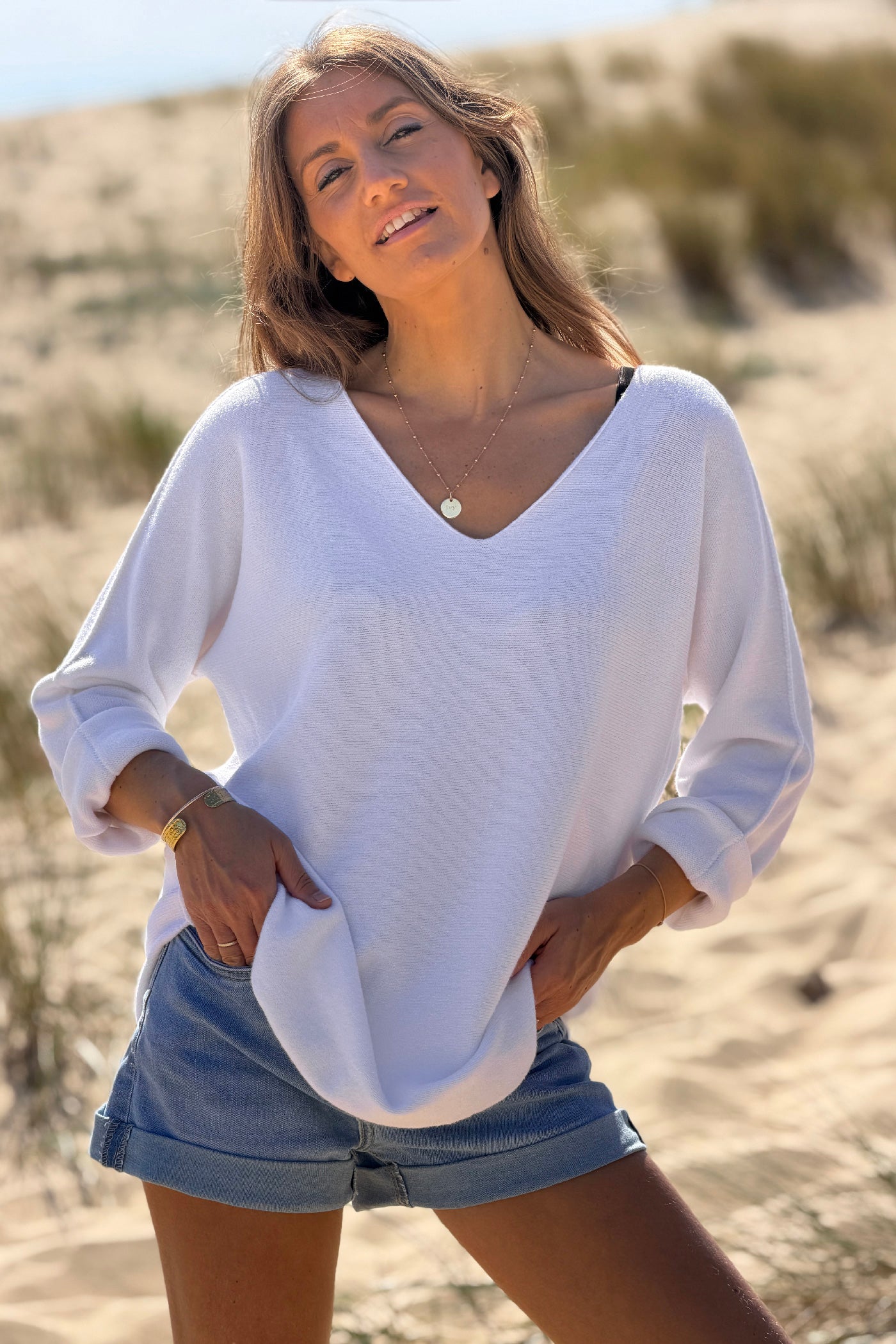 Pull moelleux tout doux blanc col v