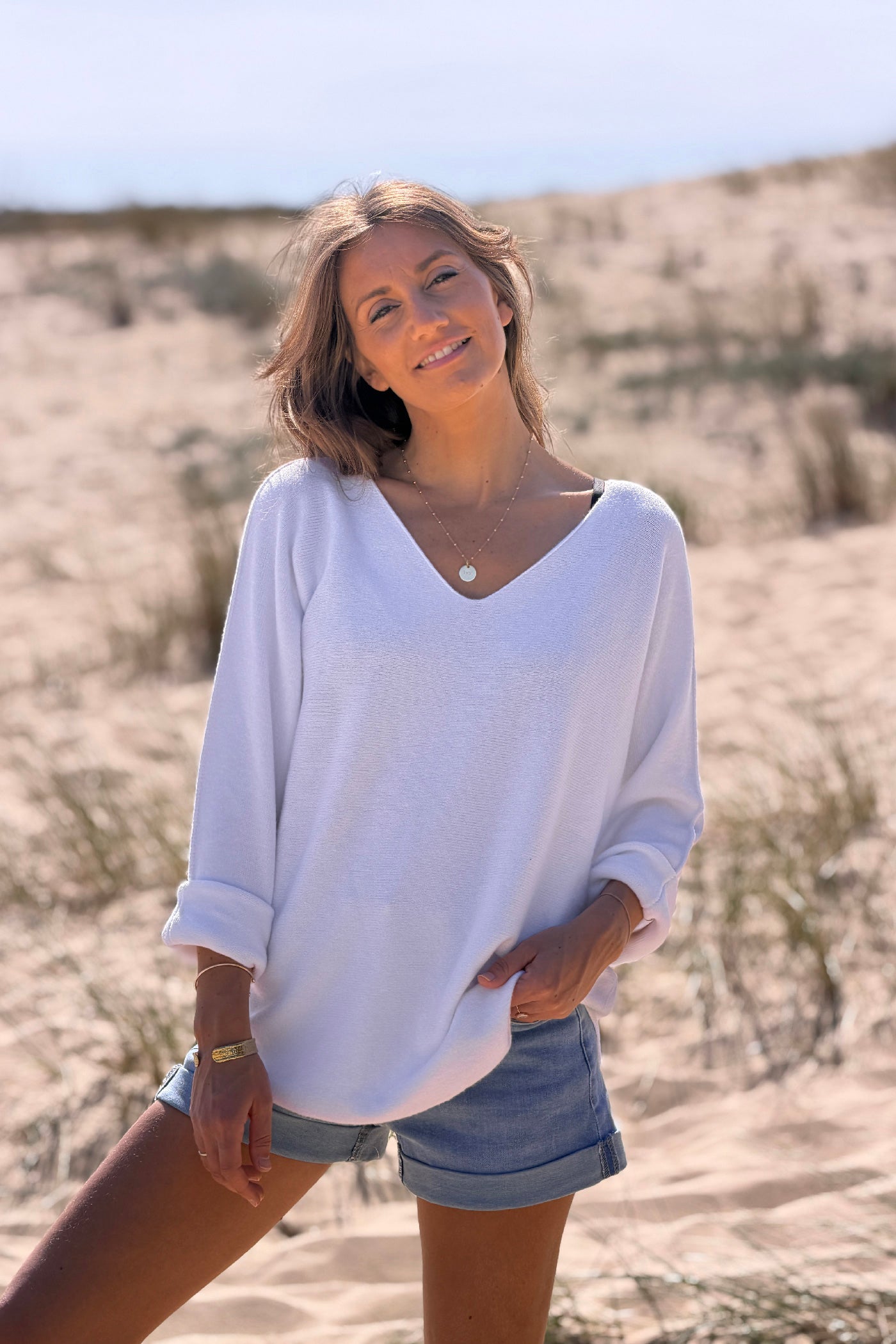 Pull moelleux tout doux blanc col v