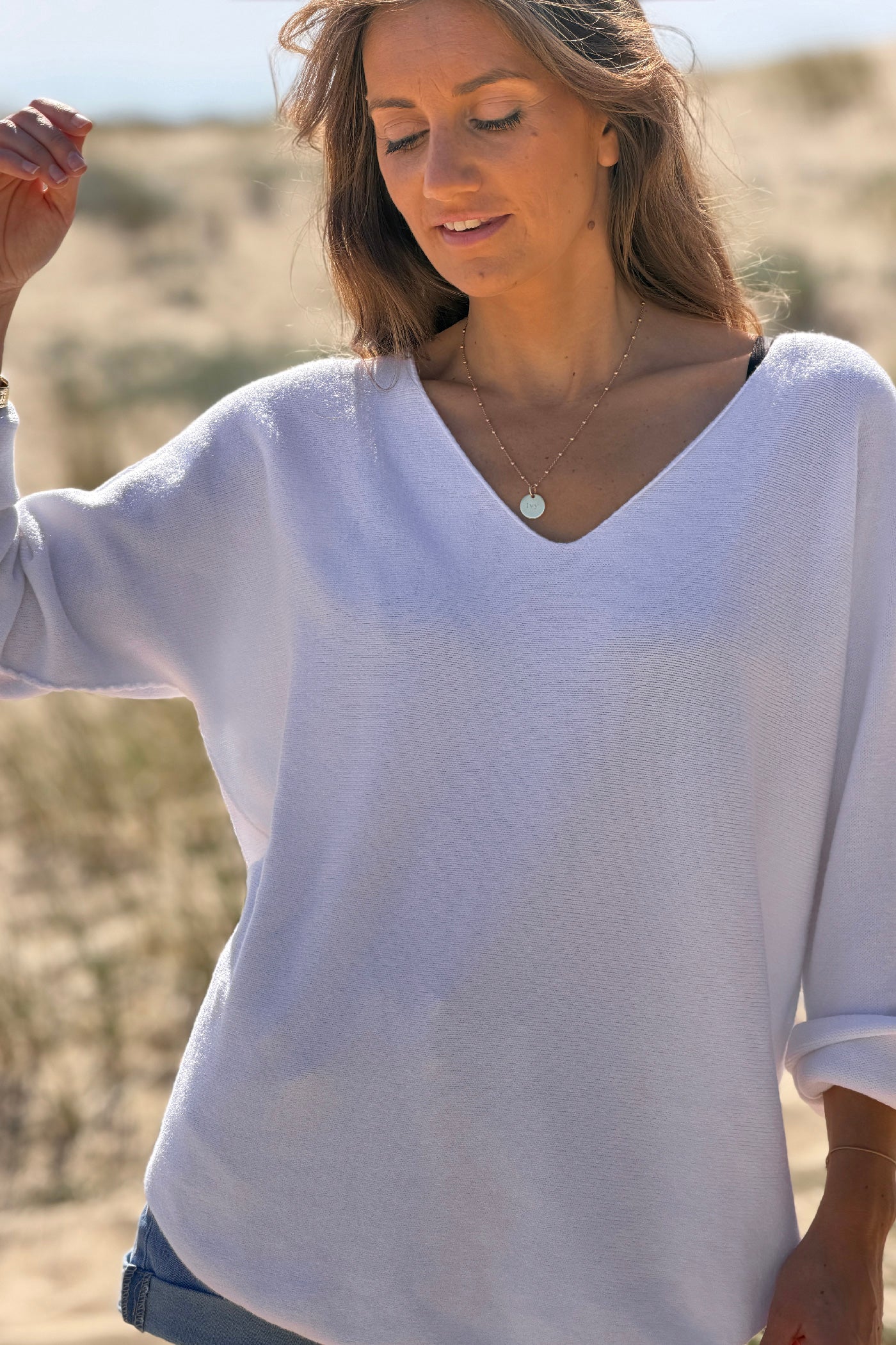 Pull moelleux tout doux blanc col v