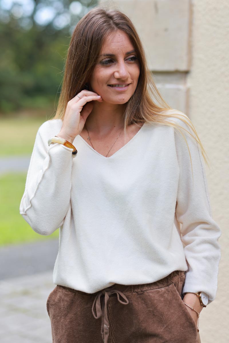 Ecru ultra-soft, Viscose Blend V-Neck Sweater