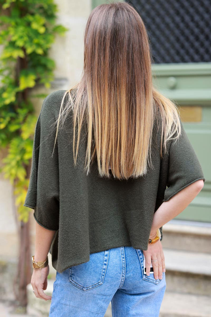 Pull moelleux et doux kaki manches chauve souris col rond