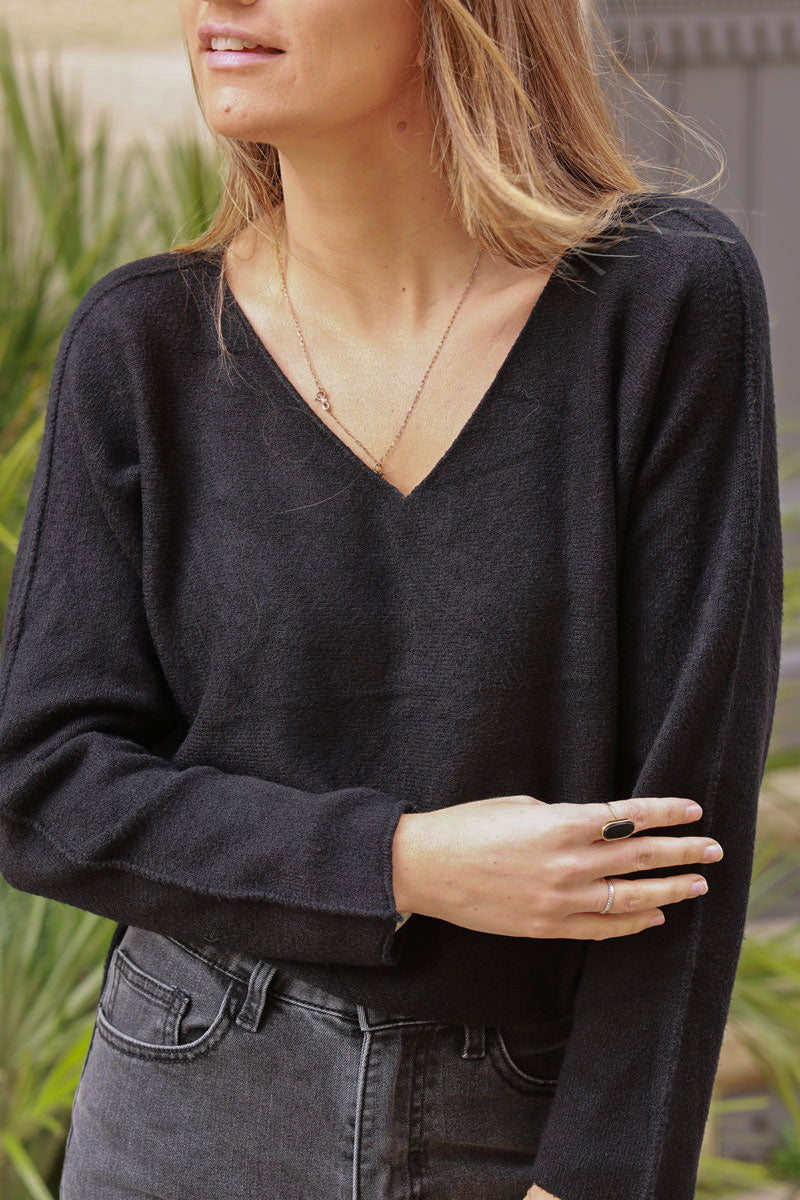Black ultra-soft, Viscose Blend V-Neck Jumper