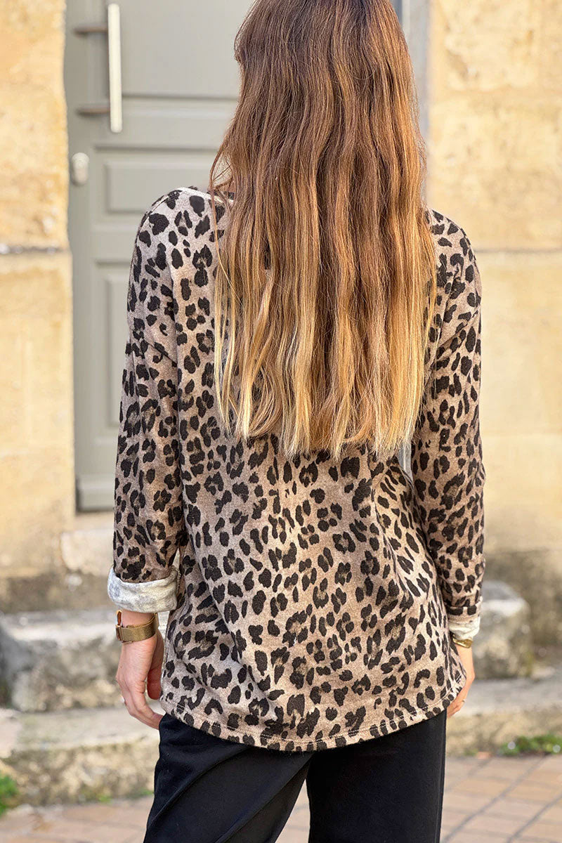 Light Brown Leopard Print V-Neck Sweater