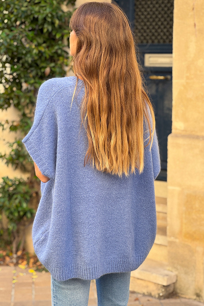 Blue V-Neck Sweater Poncho