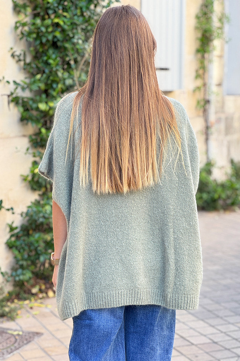 Pull sans manches large et moelleux kaki en mohair col v côtelé