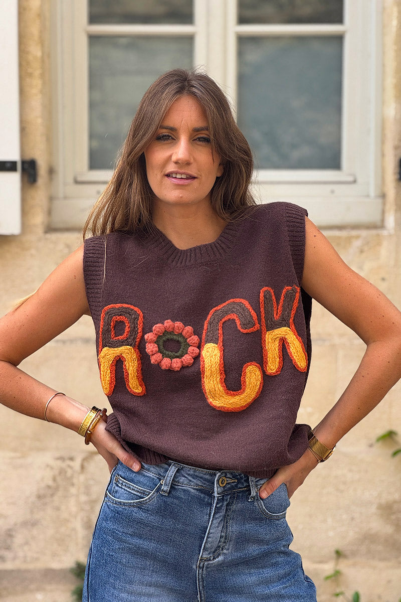 Pull sans manches marron moelleux en maille broderie ROCK nuances automnes
