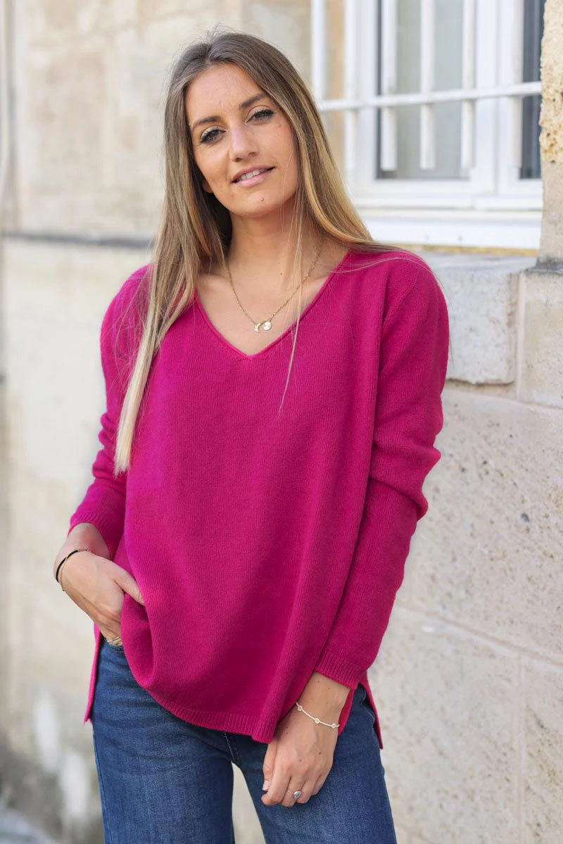 Fuchsia soft basic V-neck sweater