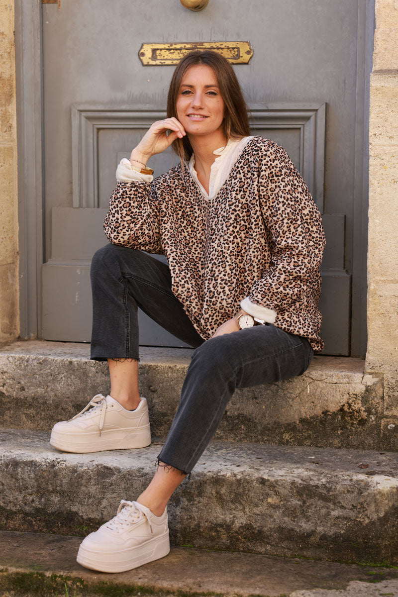 Leopard Print Waffle Knit Long-Sleeve Tee