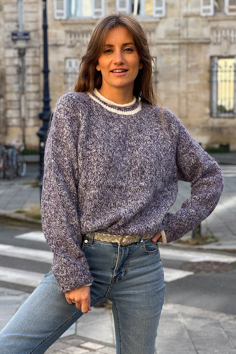 Pull tout doux et moelleux chiné violet détails écru