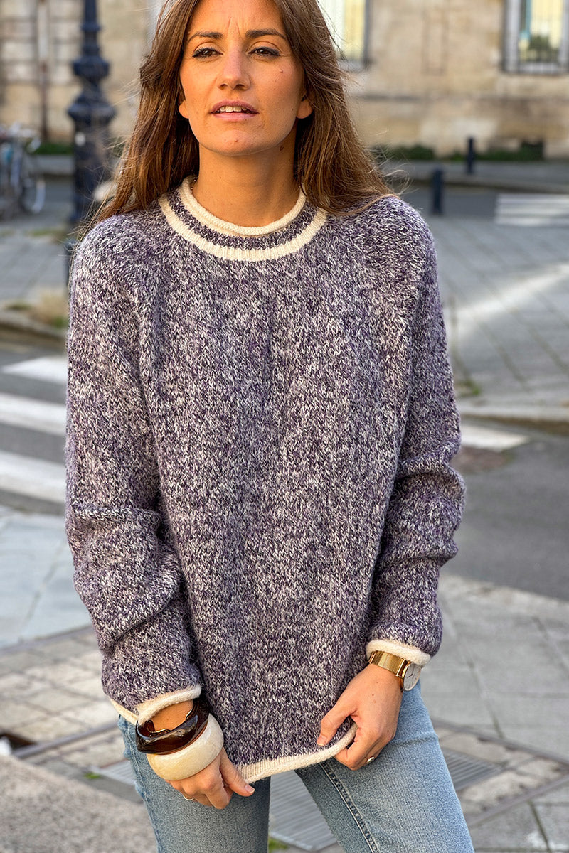 Pull tout doux et moelleux chiné violet détails écru