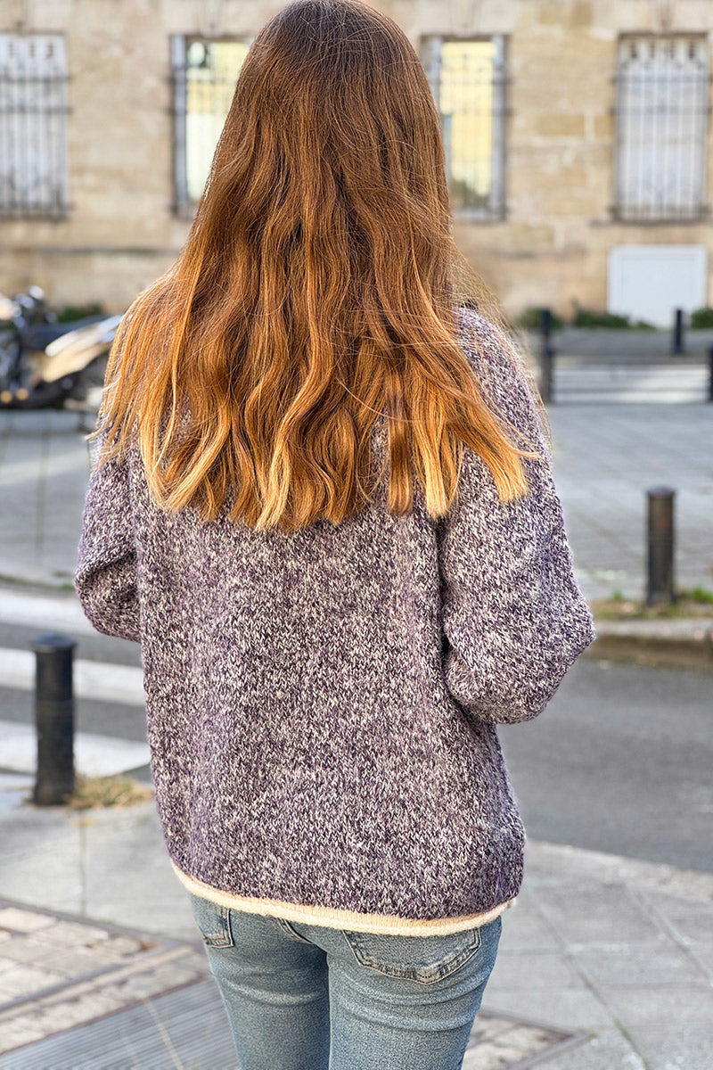 Pull tout doux et moelleux chiné violet détails écru