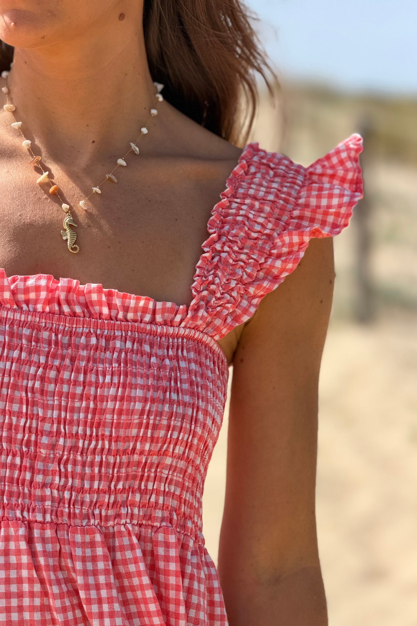 Robe à bretelles imprimé carreaux vichy rose col élastique smocke