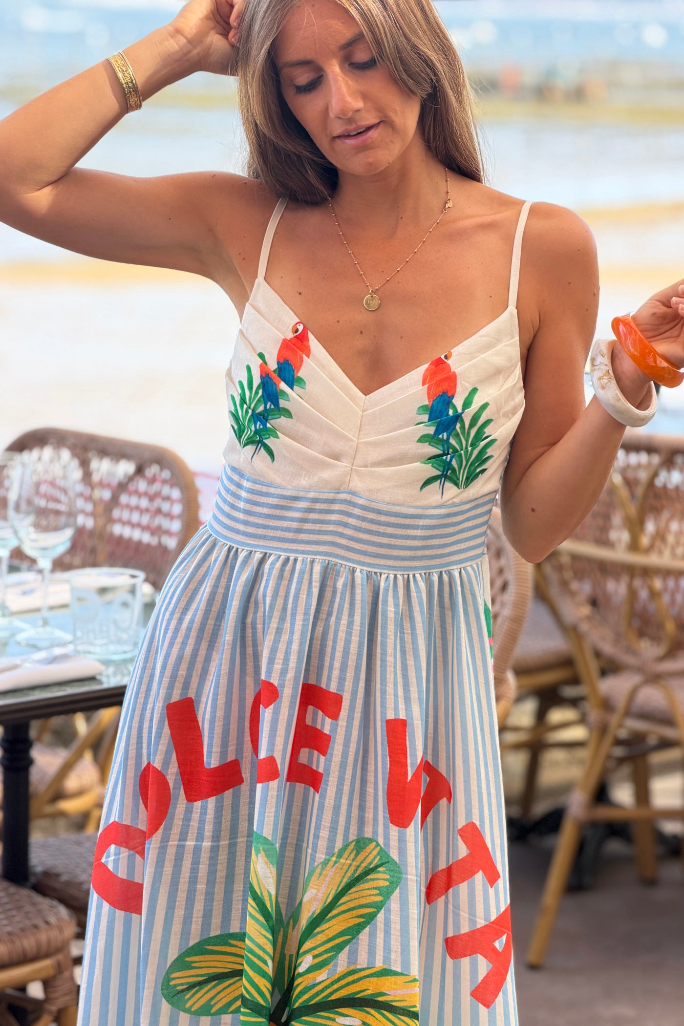 Robe à bretelles imprimé rayures bleu Dolce Vita palmiers