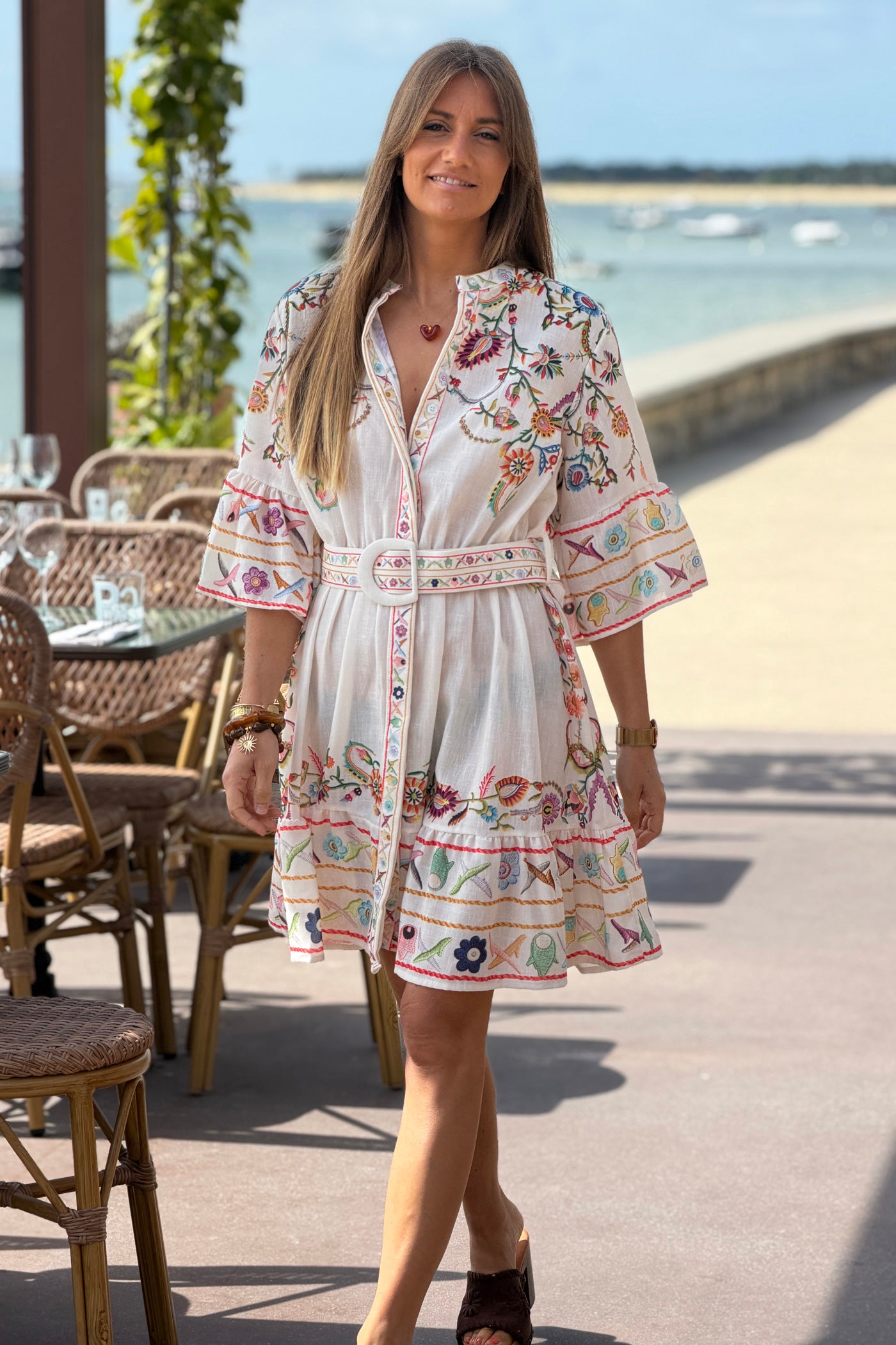 Beige Embroidered Folk Garden Belted Dress
