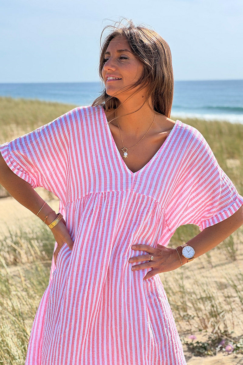 Robe blanche en gaze de coton rayures corail manches looses
